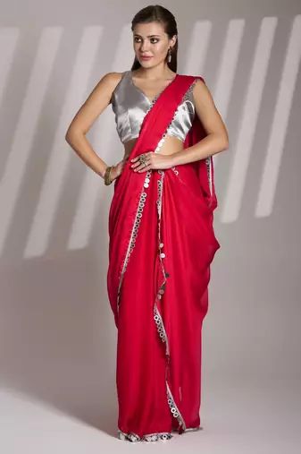 red chiffon designer saree with blouse