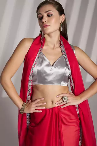red chiffon designer saree with blouse