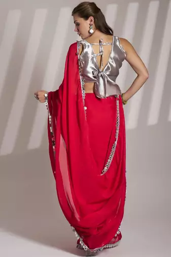 red chiffon designer saree with blouse