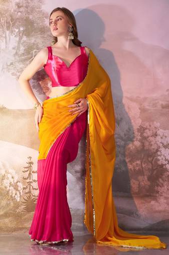 mustard and pink colourblocked designer georgette saree with blouse