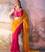 mustard and pink colourblocked designer georgette saree with blouse
