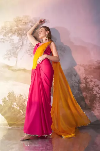mustard and pink colourblocked designer georgette saree with blouse
