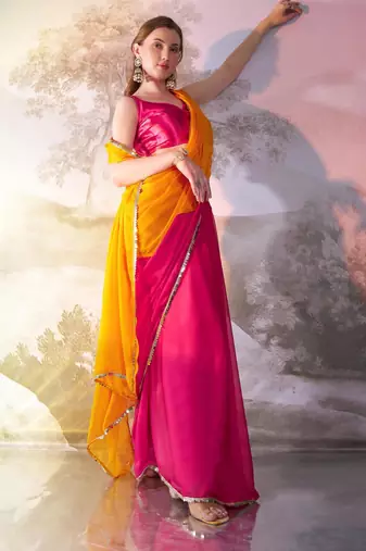 mustard and pink colourblocked designer georgette saree with blouse