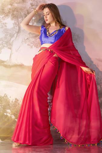 pink chiffon designer saree with blouse