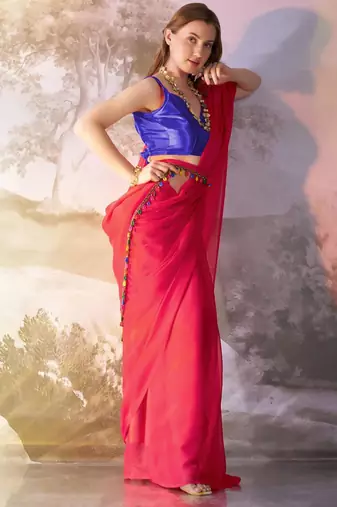pink chiffon designer saree with blouse