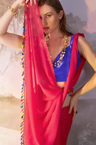 pink chiffon designer saree with blouse