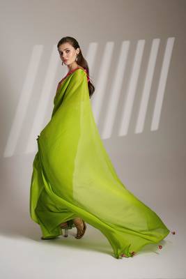 green chiffon saree with tassels and blouse 2