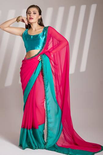 pink and turquoise blue chiffon designer saree with blouse
