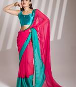 pink and turquoise blue chiffon designer saree with blouse
