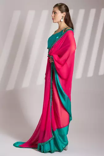 pink and turquoise blue chiffon designer saree with blouse