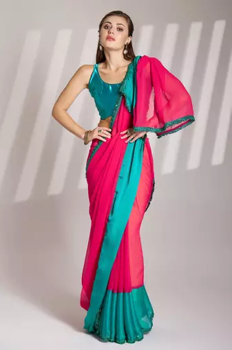 pink and turquoise blue chiffon designer saree with blouse
