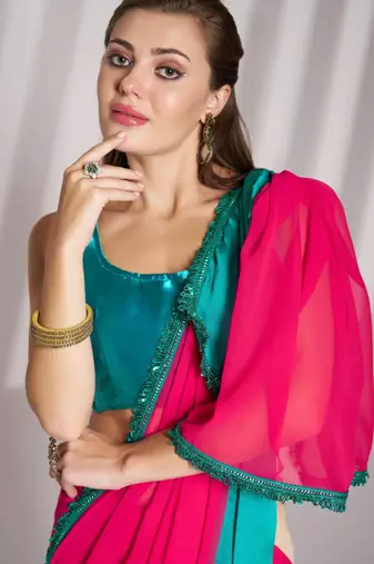 pink and turquoise blue chiffon designer saree with blouse
