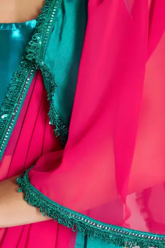 pink and turquoise blue chiffon designer saree with blouse