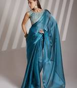 Teal blue solid organza saree with designer blouse piece