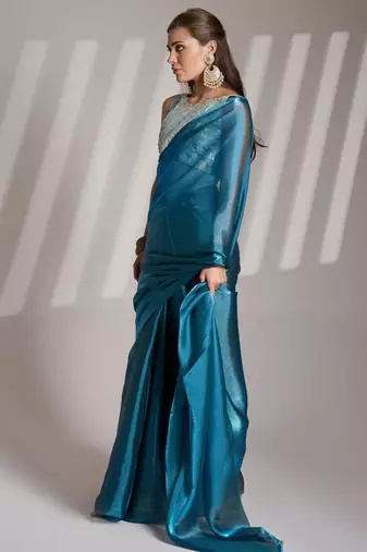 Teal blue solid organza saree with designer blouse piece