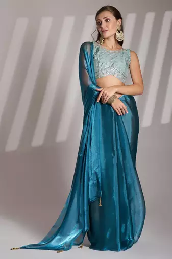 Teal blue solid organza saree with designer blouse piece