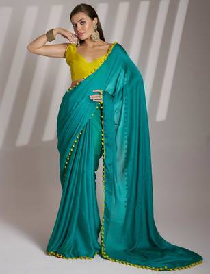 sea green solid chiffon saree with contrast blouse piece 1
