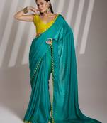sea green solid chiffon saree with contrast blouse piece