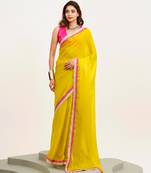 Yellow embellished designer lace satin saree with blouse