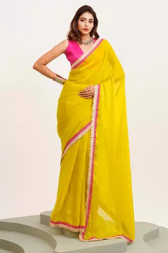 Yellow embellished designer lace satin saree with blouse