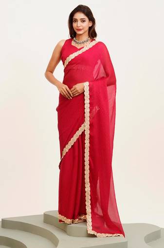 red embellished sequinned chiffon saree with blouse