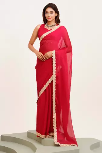 red embellished sequinned chiffon saree with blouse