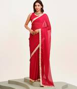 red embellished sequinned chiffon saree with blouse