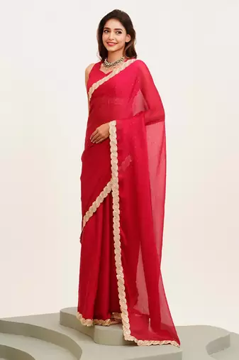 red embellished sequinned chiffon saree with blouse