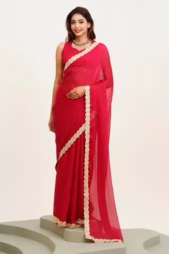 red embellished sequinned chiffon saree with blouse