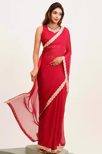red embellished sequinned chiffon saree with blouse