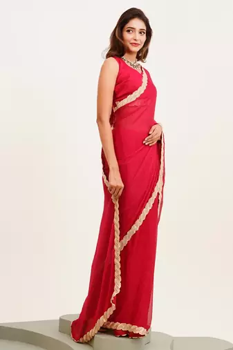 red embellished sequinned chiffon saree with blouse