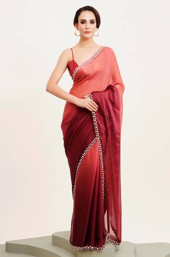 Maroon ombre beads and stones satin saree with blouse