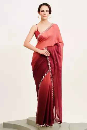Maroon ombre beads and stones satin saree with blouse
