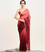 Maroon ombre beads and stones satin saree with blouse