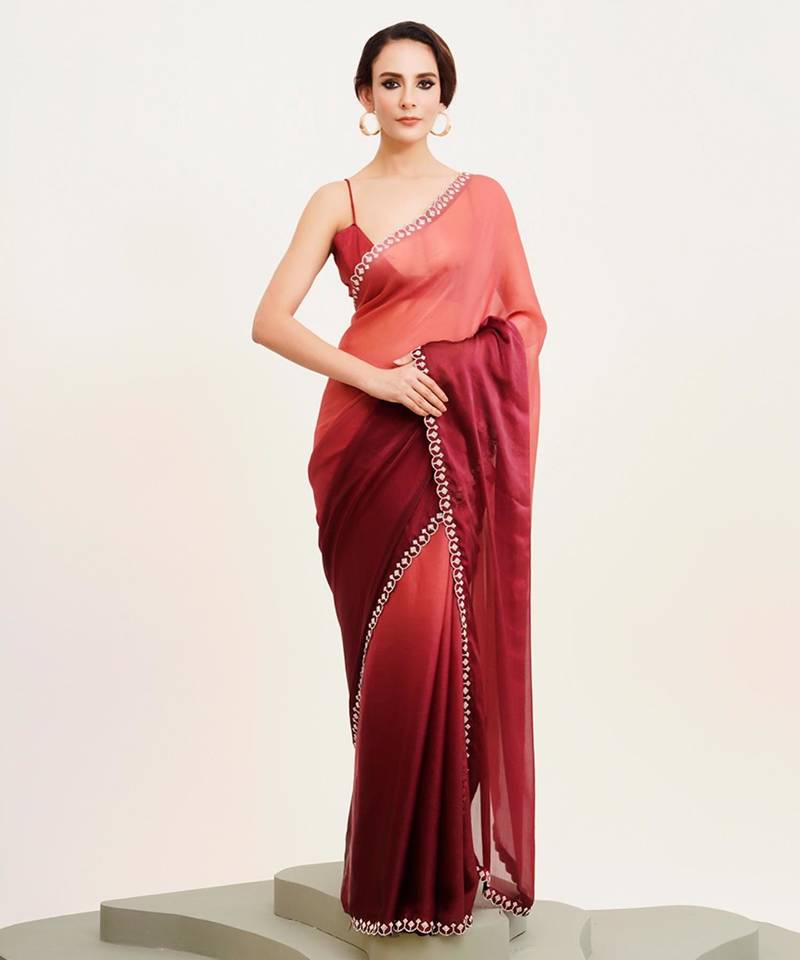Maroon ombre beads and stones satin saree with blouse