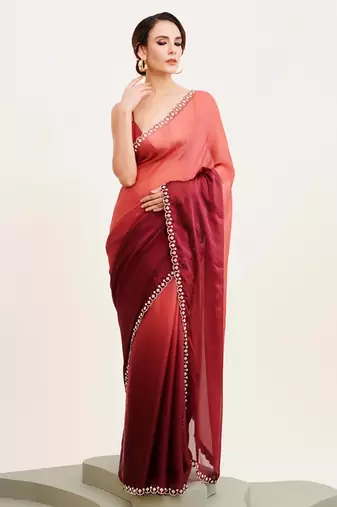 Maroon ombre beads and stones satin saree with blouse