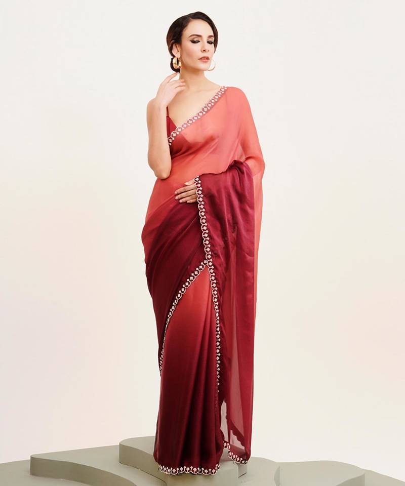 Maroon ombre beads and stones satin saree with blouse