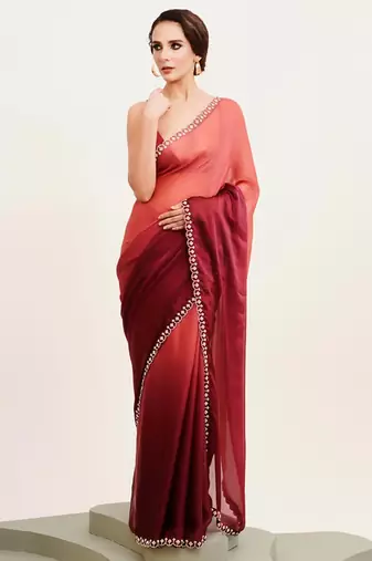 Maroon ombre beads and stones satin saree with blouse