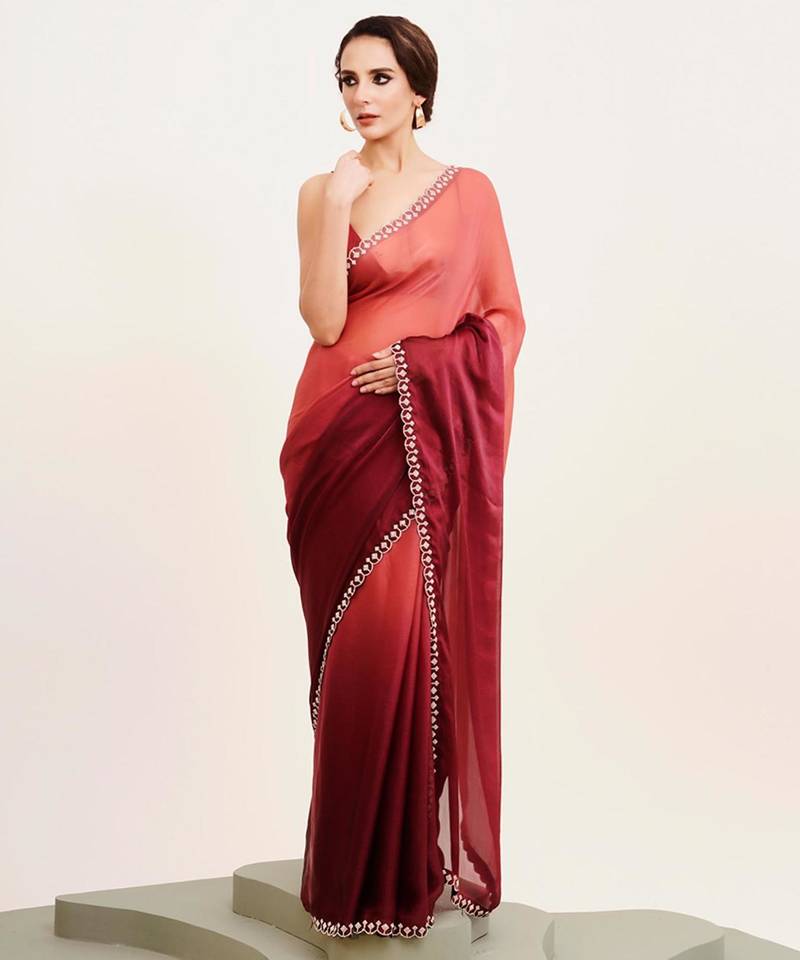 Maroon ombre beads and stones satin saree with blouse