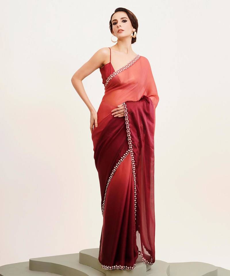 Maroon ombre beads and stones satin saree with blouse
