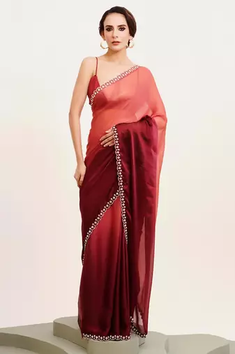 Maroon ombre beads and stones satin saree with blouse
