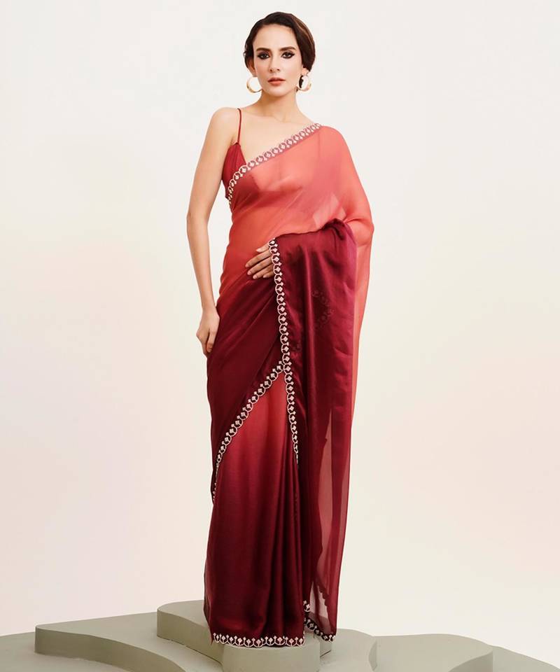 Maroon ombre beads and stones satin saree with blouse