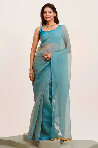 Blue designer chiffon saree with  blouse