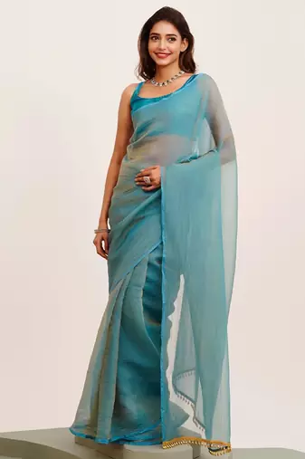 Blue designer chiffon saree with  blouse