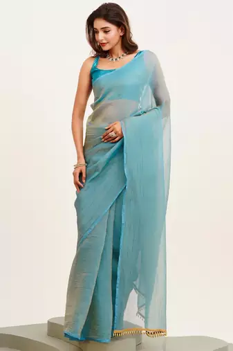 Blue designer chiffon saree with  blouse