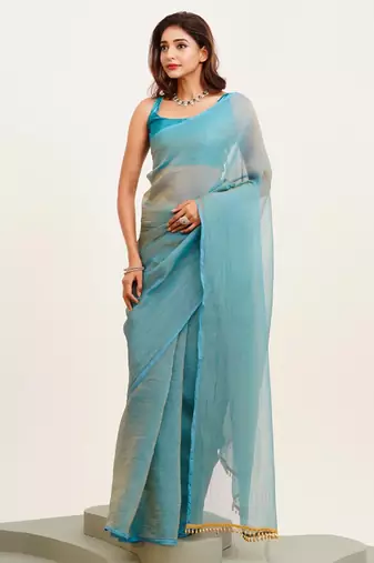 Blue designer chiffon saree with  blouse