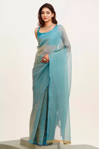 Blue designer chiffon saree with  blouse