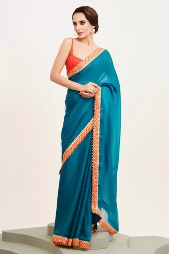 teal blue sequinned chiffon saree with blouse