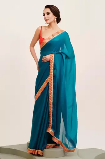 teal blue sequinned chiffon saree with blouse