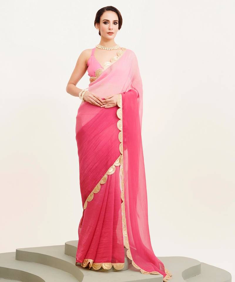 pink ombre dyed sequinned chiffon saree with blouse